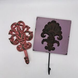 Two Fleur-de-lis Wrought Iron and Wood Wall Hooks